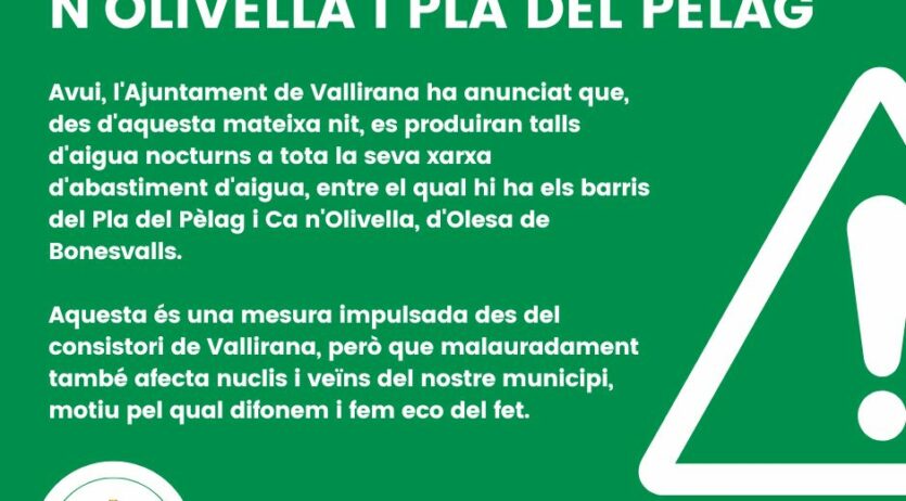 Aixequen la prohibició de consum d’aigua a Ca n’Olivella i Pla del Pèlag, a Olesa de Bonesvalls