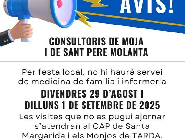Els consultoris d’Olèrdola estaran tancats el divendres 29 d’agost i dilluns 1 de setembre