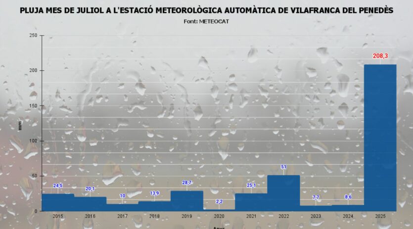 Vilafranca del Penedès registra el juliol més plujós de l’últim segle amb 208,3 l/m2